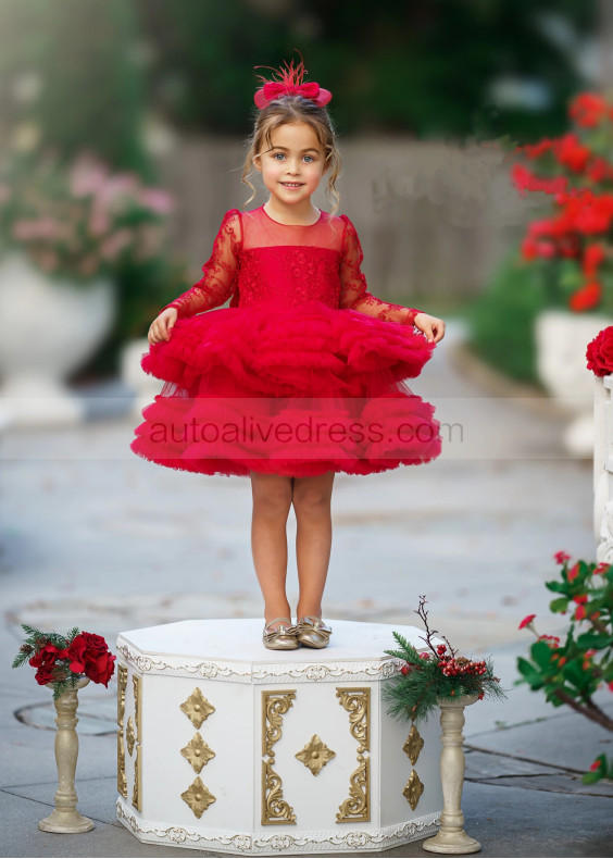 Long Sleeves Red Lace Tulle Ruffled Flower Girl Dress Long Sleeves Red Lace Tulle Ruffled Flower Girl Dress